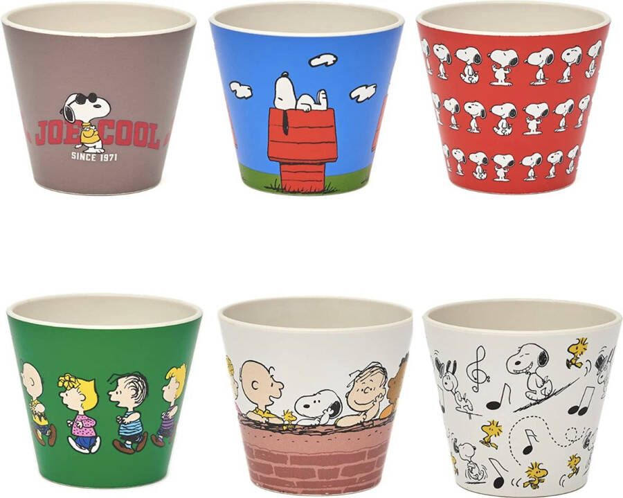 Quy cup 90ml Ecologische Reis Beker Espressobeker Set van 6 “Peanuts Snoopy” 100% Italian Design Made in R-Pet (Recycled Pet) for Food Use (Lid Not Included)