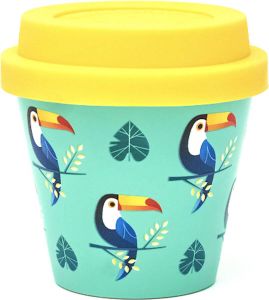 Quy cup 90ml Ecologische Reis Beker Espressobeker “Tucano” met Geel Siliconen deksel
