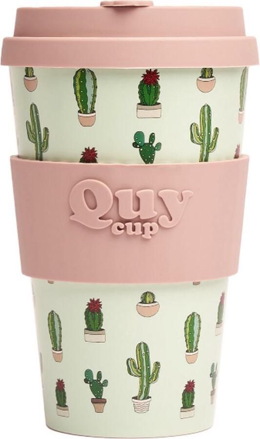 Quy cup 400ml Ecologische reisbeker Cactus Gerecycleerde flessen met beige siliconen deksel 9x9xH15cm