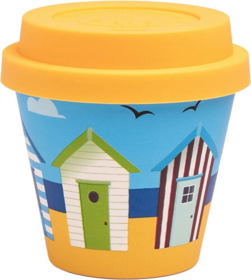 Quy cup 90ml Ecologische Reis Beker Espressobeker “Cabin” met gele Siliconen deksel 7x7x7cm