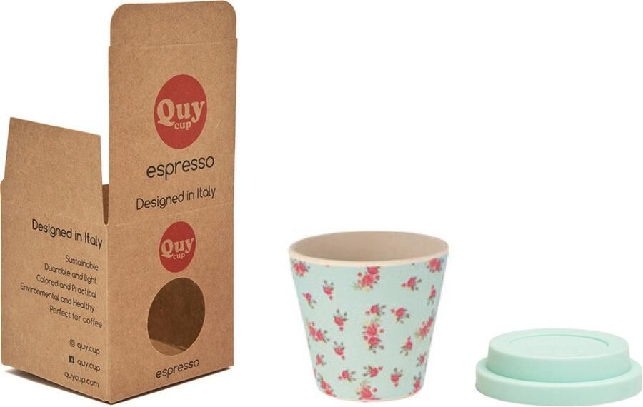 Quy cup 90ml Ecologische Reis Beker Espressobeker “Passie” met licht blauw Siliconen deksel 7x7x7cm
