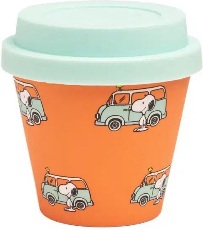 Quy cup 90ml Ecologische Reis Beker Espressobeker Peanuts Snoopy 16 Camper Kampeerder” met licht blauw Siliconen deksel 7x7x7cm