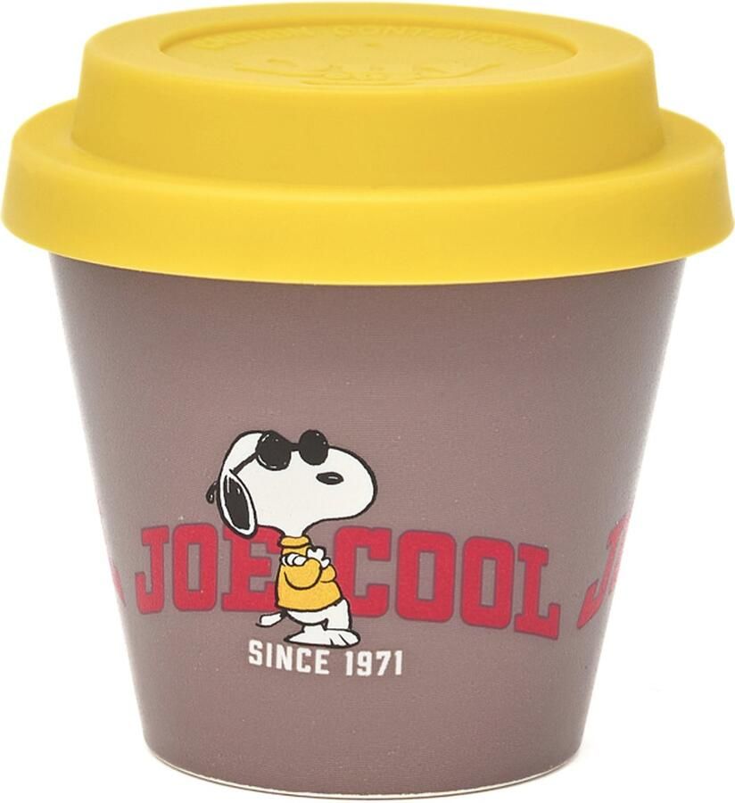 Quy cup 90ml Ecologische Reis Beker Espressobeker “Peanuts Snoopy Cool” met Gele Siliconen deksel