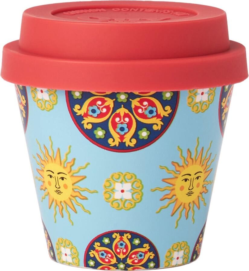 Quy cup 90ml Ecologische Reis Beker Espressobeker “Sicily Sicilië” met Rode Siliconen deksel 7x7x7cm