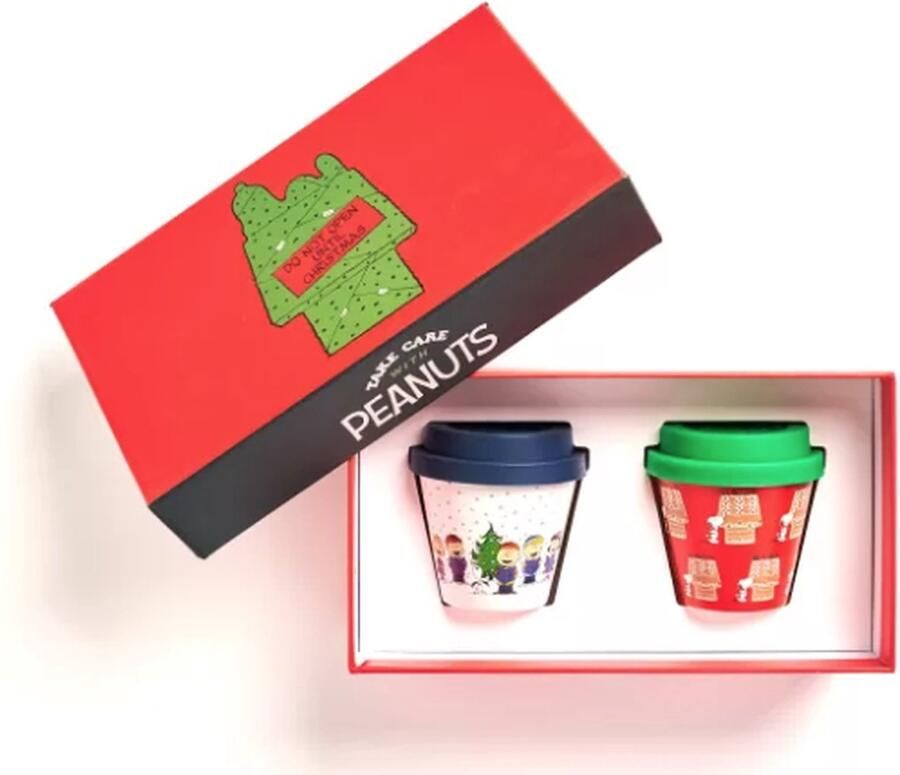Quy cup GIFT BOX Snoopy Peanuts Collection “Christmas #5” (set van 2) 90ml Ecologische Reis Beker Espressokopjes met siliconen deksel