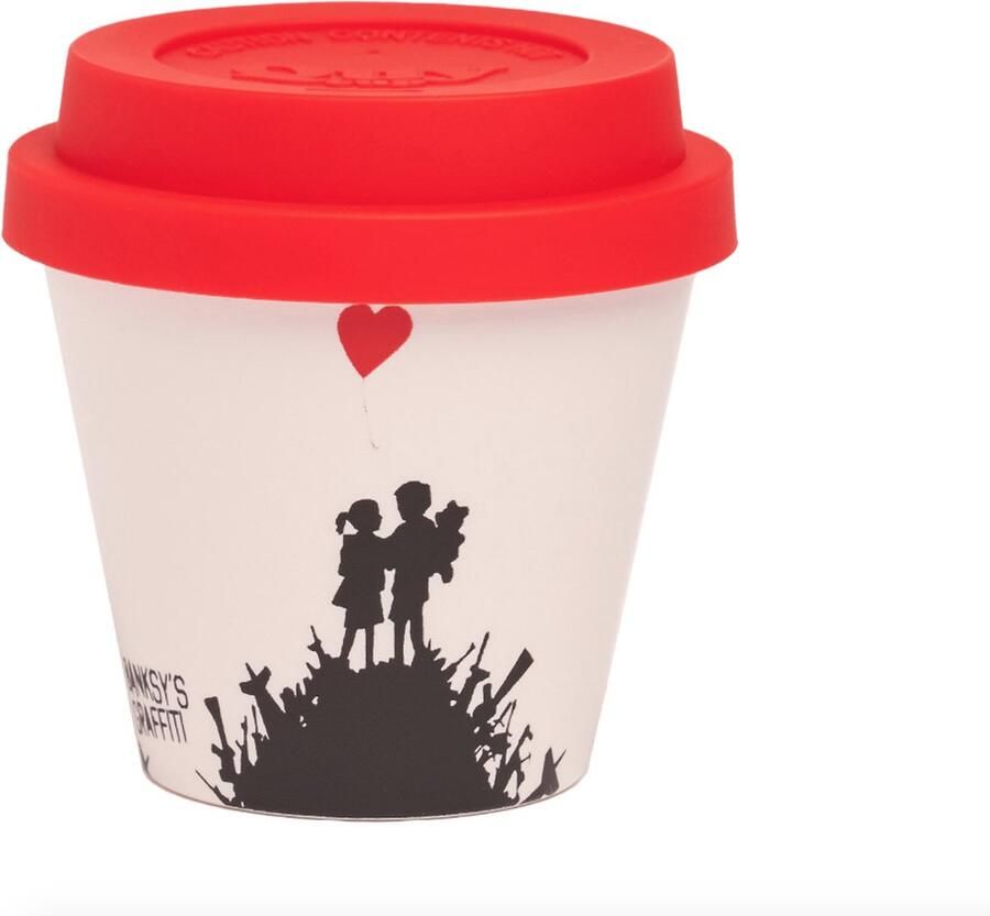 Quy Cup 90ml Ecologische Espresso Reisbeker De originele Banksy's Graffiti Kids On Gun Hill met rood Siliconen deksel 7x7x7cm
