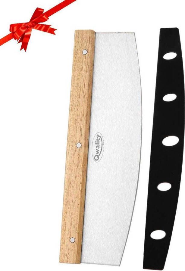 Qwality Pizzasnijder – Pizzames Professionele Pizza snijder Wiegemes – Cutter – Pizzasnijders – RVS Hout incl. Beschermer 30 x 11 cm