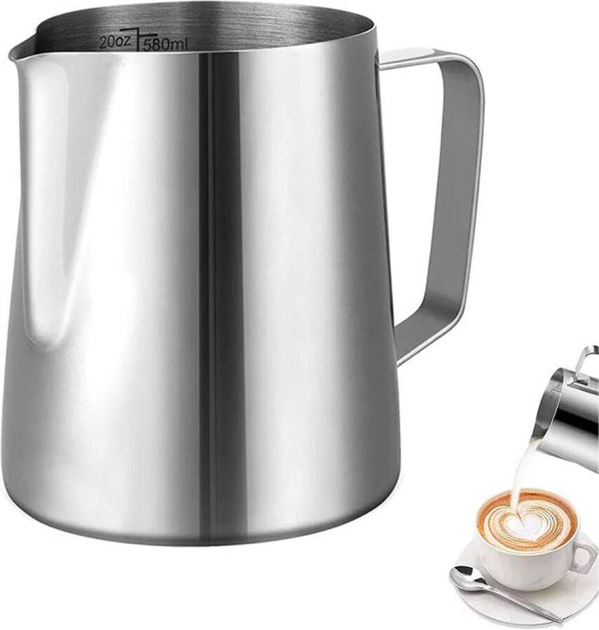 Qweri Melk Pitcher Cup Barista Melkkan Handheld Melk Frothing Pitcher Jug Cup Melkkan Melkschuimer kan RVS Melkkan 600ML voor het maken van melk koffie cappuccino opschuimen van melk (zilver)