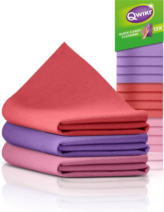 QWIKR Microvezeldoekjes 21x21cm keuken 12 stuks Paars Rood Roze – Schoonmaakdoekjes Reinigingsdoekjes Voordeelverpakking (set van 3) – ideaal voor de grote klussen Microvezeldoeken