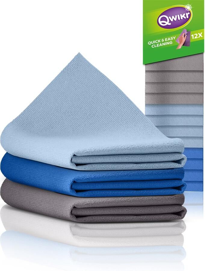 QWIKR Microvezeldoekjes 21x21cm keuken 12 stuks Grijs Lichtblauw Blauw – Schoonmaakdoekjes Reinigingsdoekjes Voordeelverpakking (set van 3) – ideaal voor de grote klussen Microvezeldoeken Gemaakt in Nederland