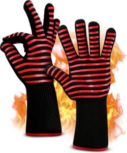 QY BBQ handschoenen & Ovenwanten BBQ accessoires Ovenhandschoenen tot 500°C – Voorkomt brandwonden door extra lange armbescherming Rood zwart