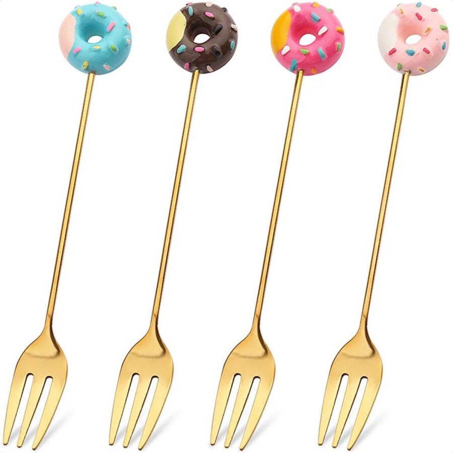 QY Gebaksvorkjes donut set van 4 taartvorkjes goud