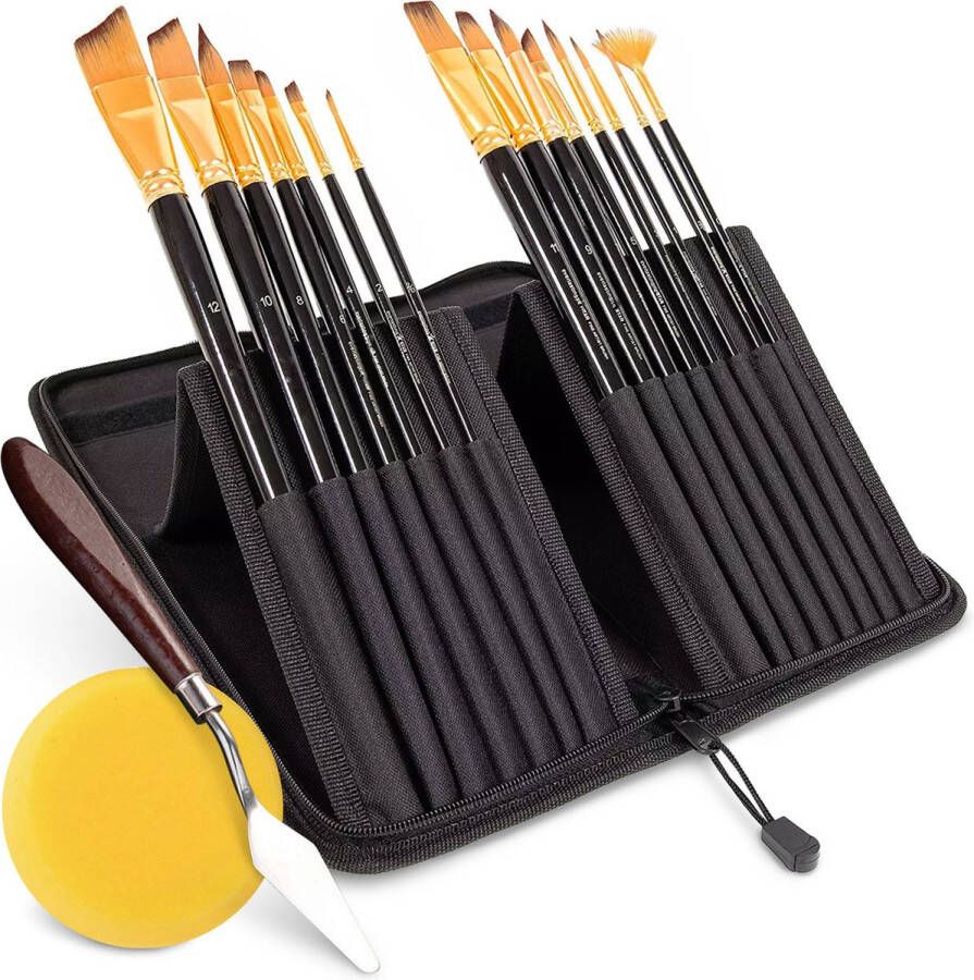 QY Penselen acrylverf aquarelverf olieverf gouache – penselenset 15 delig in luxe etui met paletmes en spons