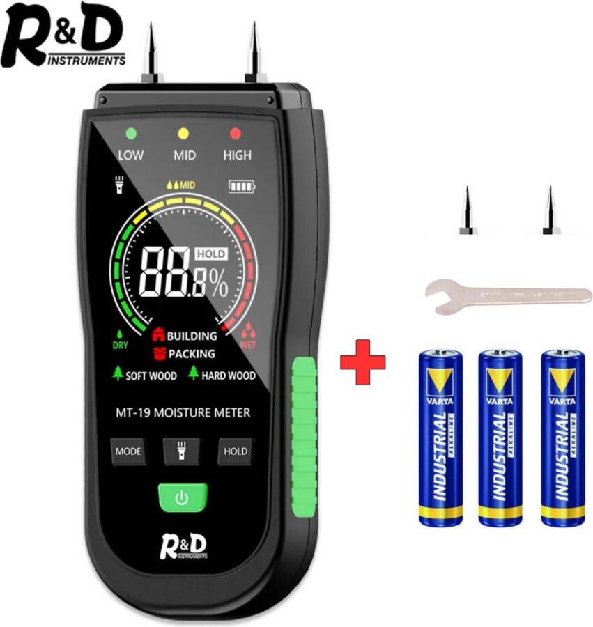 R&D Instruments Vochtmeter muren Hout papier en baksteen Vochtigheidsmeter Hygrometer Vocht Detector LCD Display Zaklamp Baksteen Vochtigheidsmeter Bouwmateriaal – Antislip rubber – inclusief batterijen