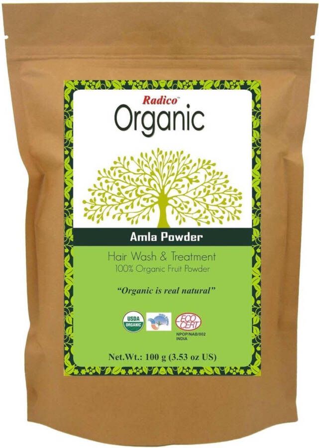 Radico ORGANIC AMLA 100% Natuurlijke BIO Organic Vegan Haargroei Anti-Haaruitval Anti-Vergrijzing Care Volume Voedende Poeder Haarmasker en Shampoo 2 in 1 met ECOCERT 100g