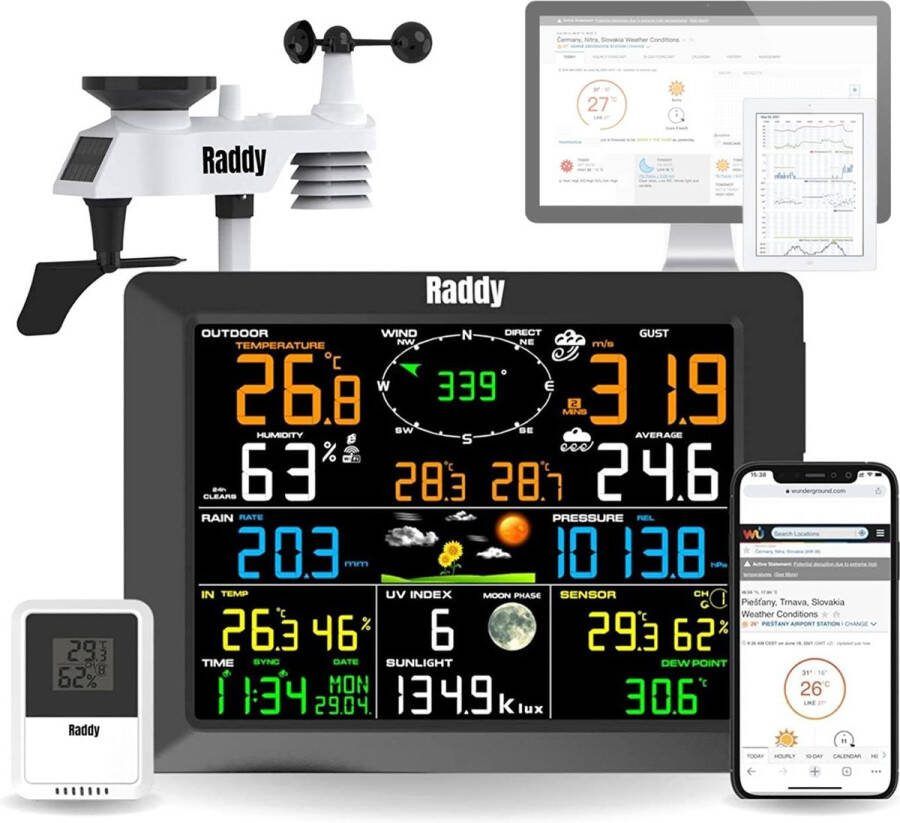 Radioddity Raddy WF-100C Professioneel weerstation draadloos voor binnen en buiten vochtsensoren voor thuis met groot display regenmeter windsnelheid