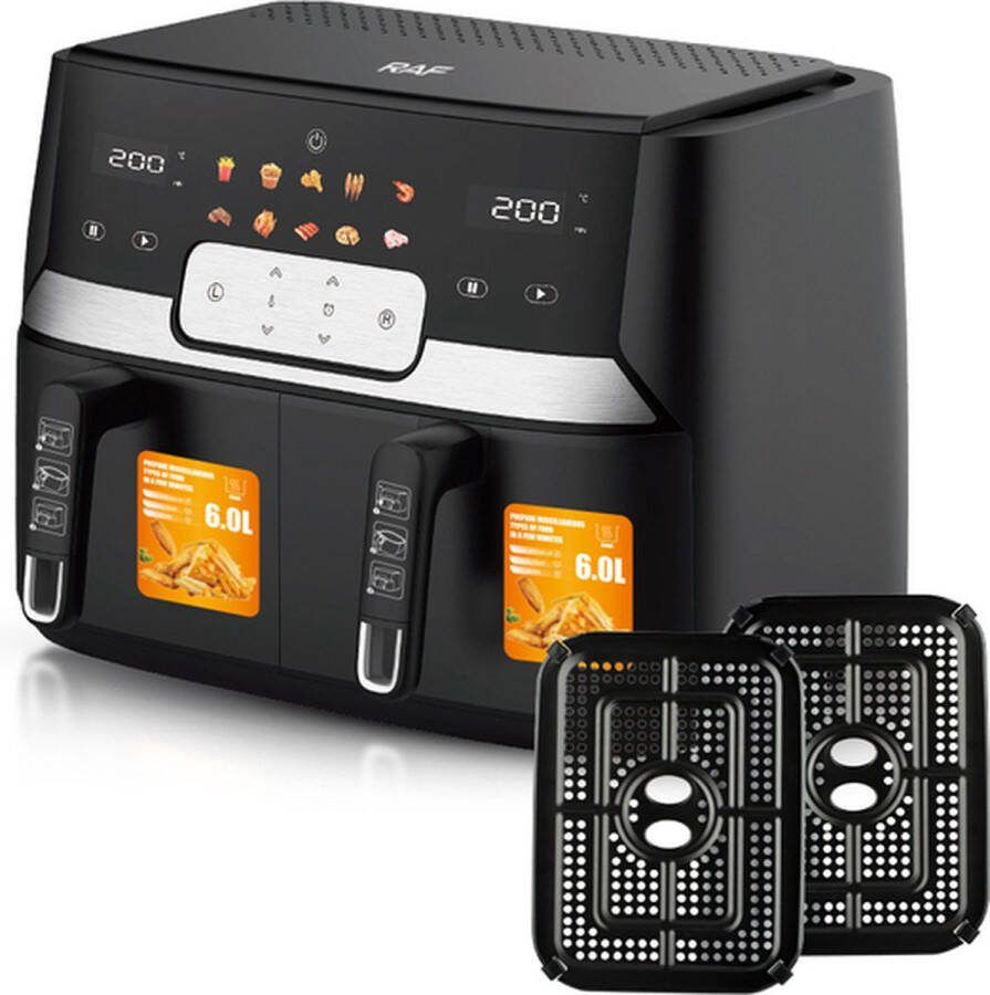 Raf Airfryer Heteluchtfriteuse 6+6 Liter 10 voorgeprogrammeerde programma's Zwart 12 Liter Digital Touchscreen- Grillrack 1700W+1700W XXL DualZone