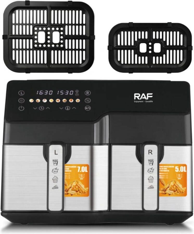 Raf Airfryer Heteluchtfriteuse 7+5 Liter 10 voorgeprogrammeerde programma's Zwart 12 Liter Digital Touchscreen- Grillrack 1550W+1250W XXL DualZone