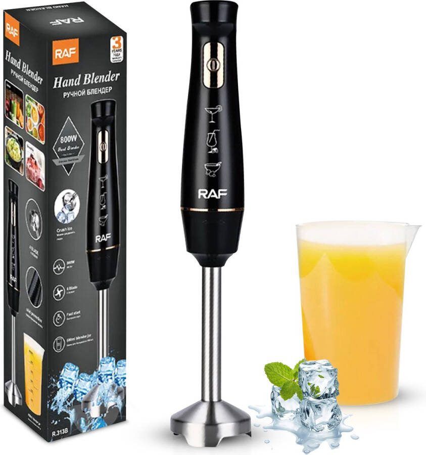 Raf Staafmixer Hand Blender 800W 1 Turbo Snelheid Inclusief 600ML Maatbeker Blender hand Staafmixer zwart RVS kerstcadeau