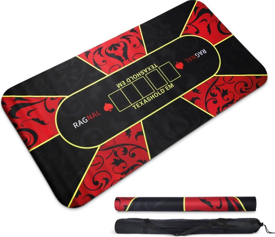 Ragnal Pokertafel Pokermat 120 x 60 cm Oprolbaar Antislip Pokerkleed Pokerset Kaartkleed 2 tot 10 personen Incl. Draagtas en Goudkleurige pokerkaarten