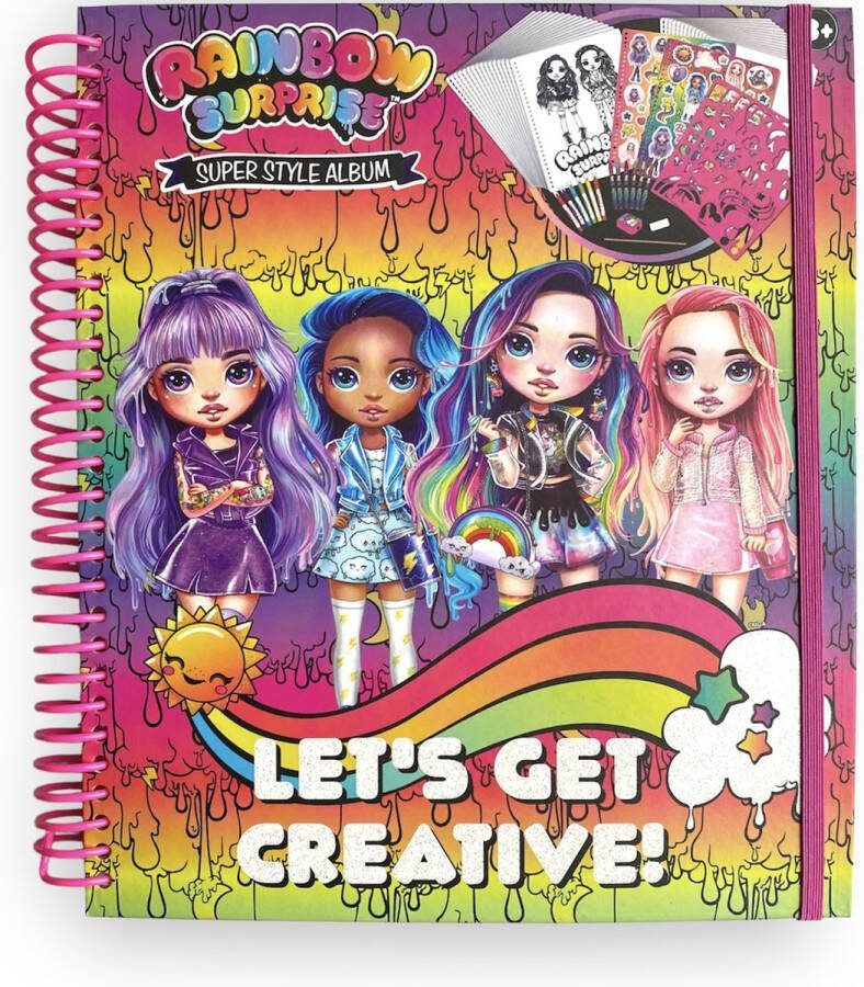 Rainbow Surprise Super Style Album- Met Viltstiften Krijtjes Gum Potlood Puntenslijper Sjablonen Stickers