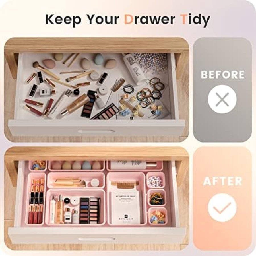 RALA 32 Stuks Roze Lade Organizer Set Plastic Bureau Lade Verdelers Trays Dressoir Opbergbakken Scheidingsdoos voor Make-up Sieraden en Gadgets Slaapkamer Badkamer Kantoor