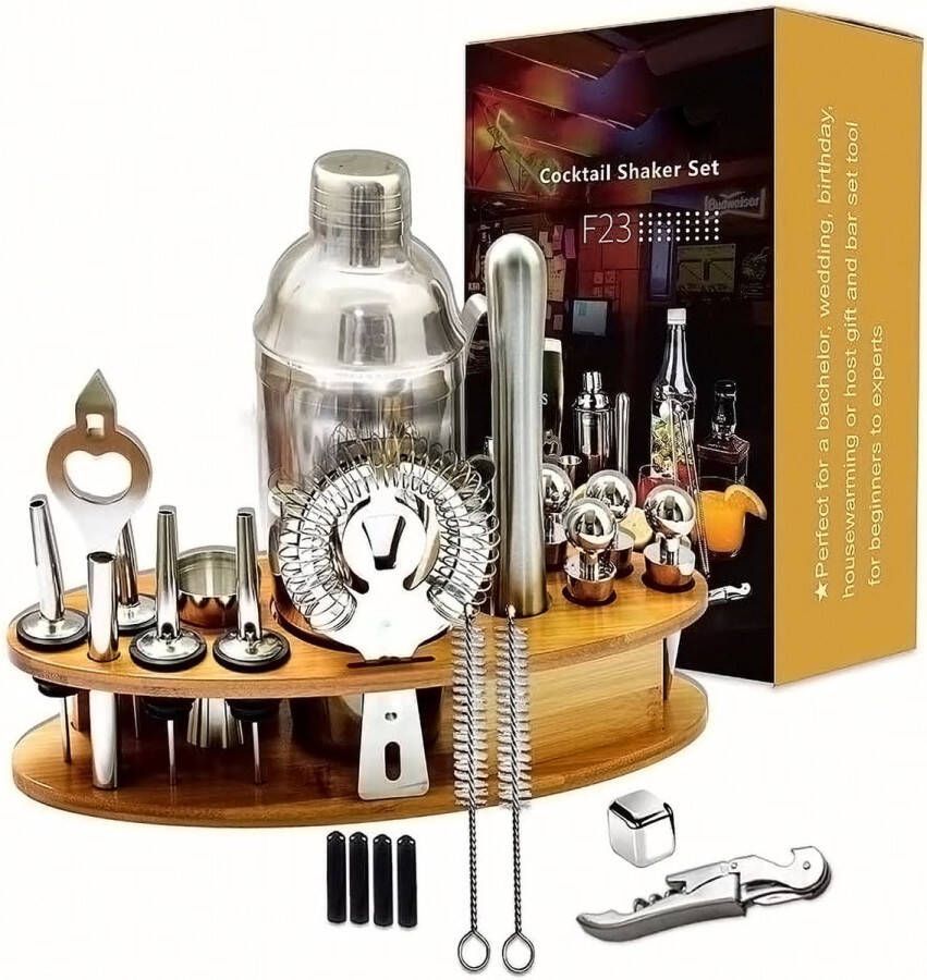 RALA Cocktail Mixing Set 23-delige Cocktail Shaker Set voor Bartender 750ml RVS Bar Tool Kit met Houten Display Stand Keuken en Bar Cocktail Making Set