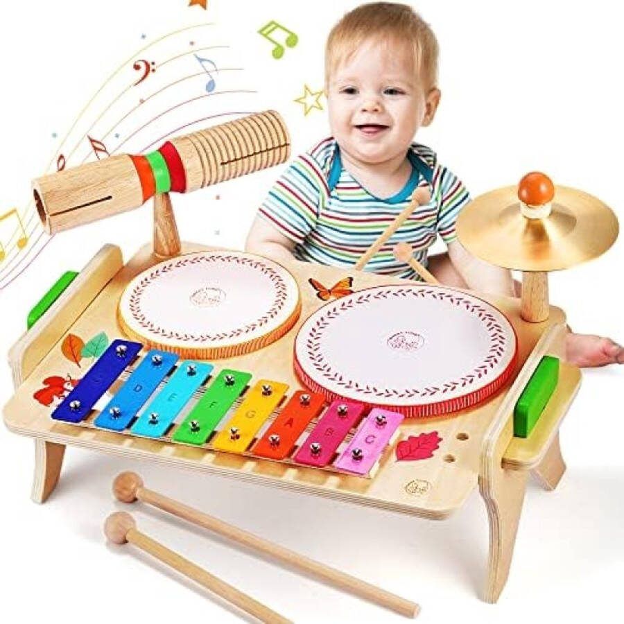 RALA Kinderdrumset muziekinstrumenten kinderspeelgoed met xylofoon houten speelgoed babymuziekspeelgoed Montessori educatief speelgoed drumstel voor peuters jongens en meisjes