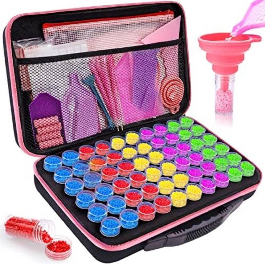 RALA MUOIVG 5D Diamond Painting accessoiredozen 60 vakken opbergdoos voor diamantschilderen met draagbare EVA-box met trechterplaat trechter doe-het-zelf handwerk met Quick Point pen pincetten