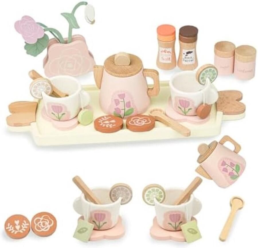 RALA Houten Theeset voor Peuters Rollenspel Speelgoed Kinderkeukenaccessoires Theekransje voor Kinderen Roze