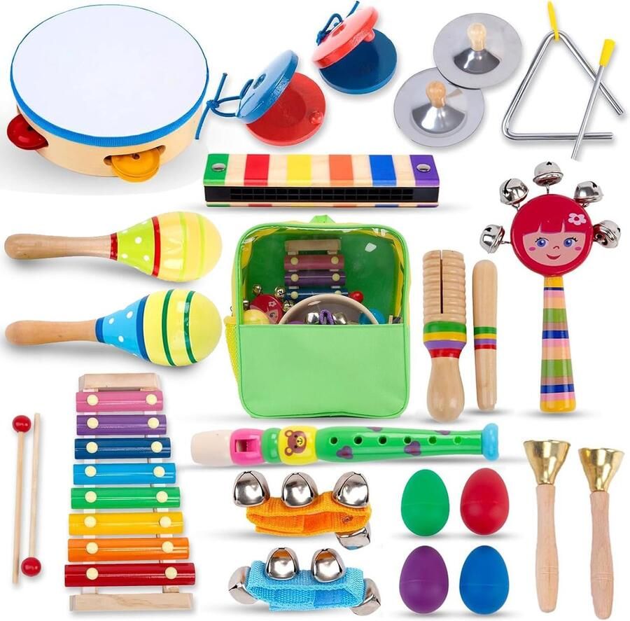 RALA Kinder Muziekinstrumenten Set 24 Stuks Voor Peuters van 3-5-9-12 Jaar Montessori Baby Houten Percussie Muziekspeelgoed met Xylofoon en Maracas