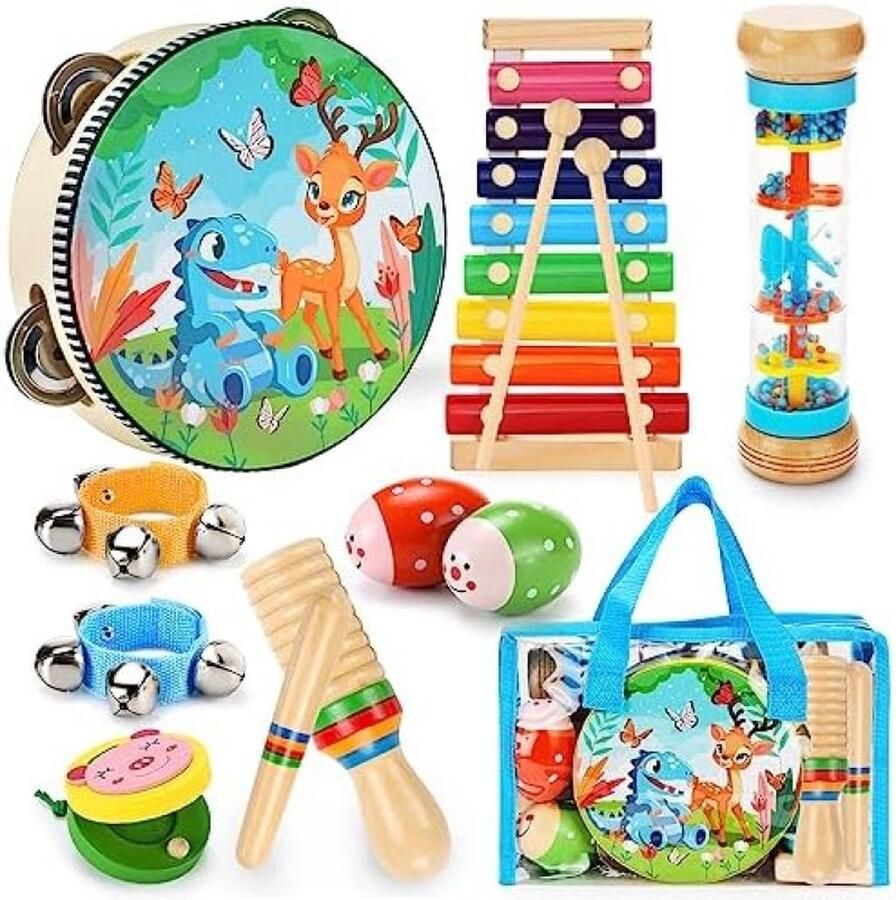 RALA Muziekinstrumenten voor kinderen muziek kinderspeelgoed met xylofoon houten speelgoed percussieset drumstel slagwerk ritme speelgoed voor peuters jongens en meisjes