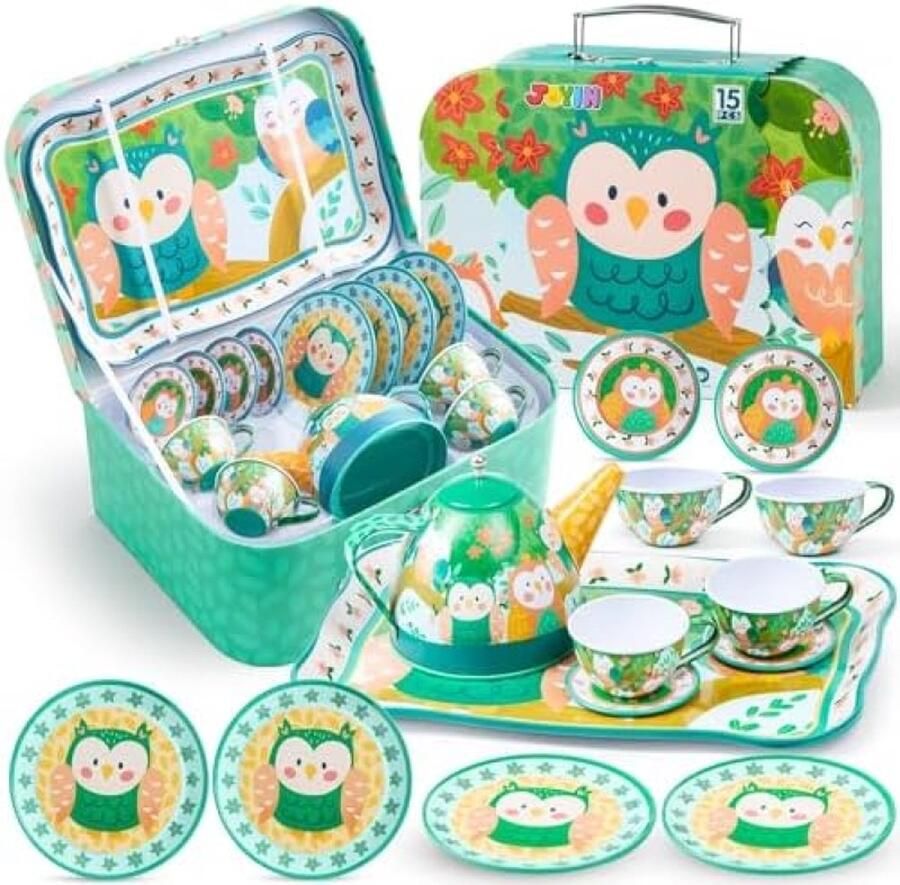 RALA Uil Tuin Theeset voor Peuters Theekransje Set voor Kinderen Pretend Rollenspel Tin Theepot Set met Bekjes Borden en Draagtas Keuken Speelgoed voor Kleine Meisjes Verjaardagscadeaus