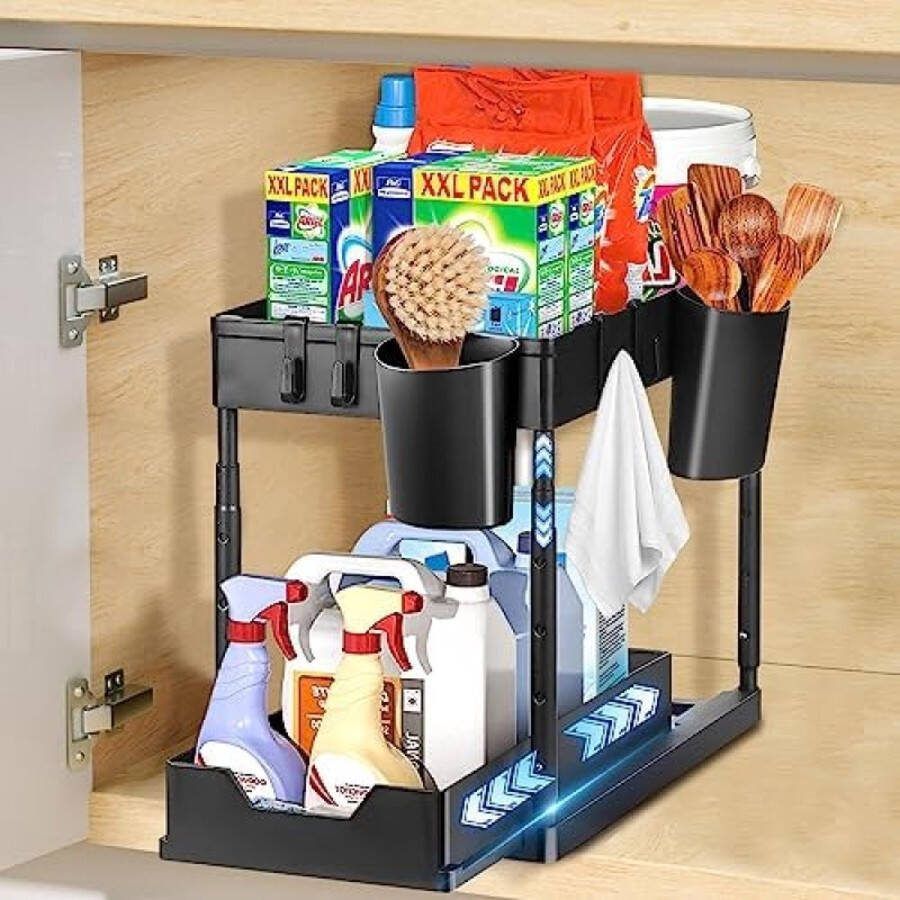 RALA Spoelkastorganizer 2 etages keukenonderkast en wastafel organizer met 4 haken 2 hangbekers multifunctioneel keukenrek voor gootsteen badkamer en kast