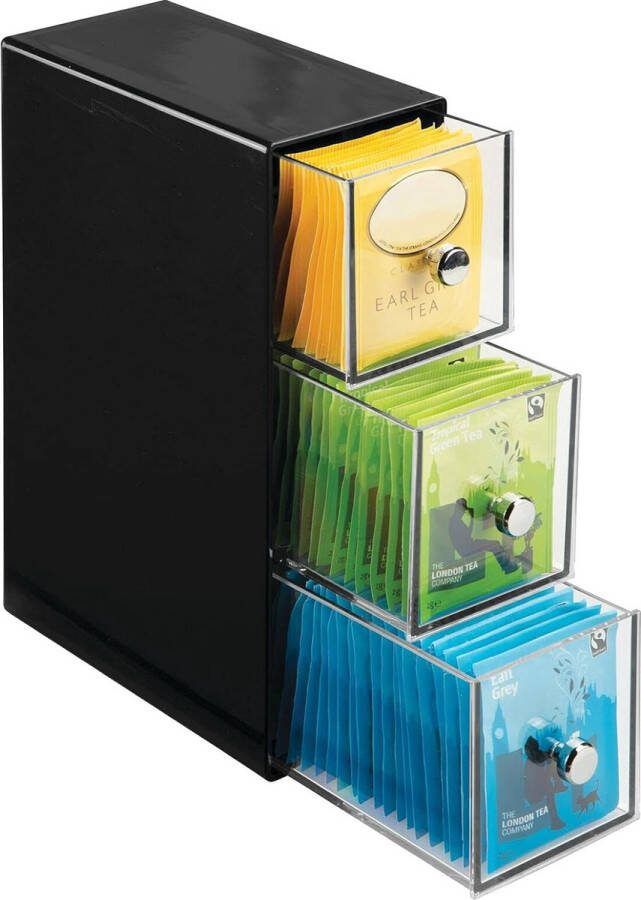 RALA Theedoos ladekastje opbergbox organizer voor de keuken voor verschillende soorten theezakjes koffiepads zoetjes en meer handig stevig zwart doorzichtig
