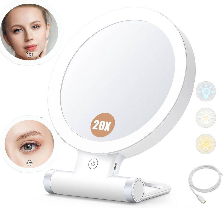 RALA Vergrootspiegel met Licht 20X 1X Dubbelzijdig Tafelblad Draagbare Verlichte Make-up Schoonheidsspiegel 3 Kleuren Verlichting Dimbaar Aanraakscherm