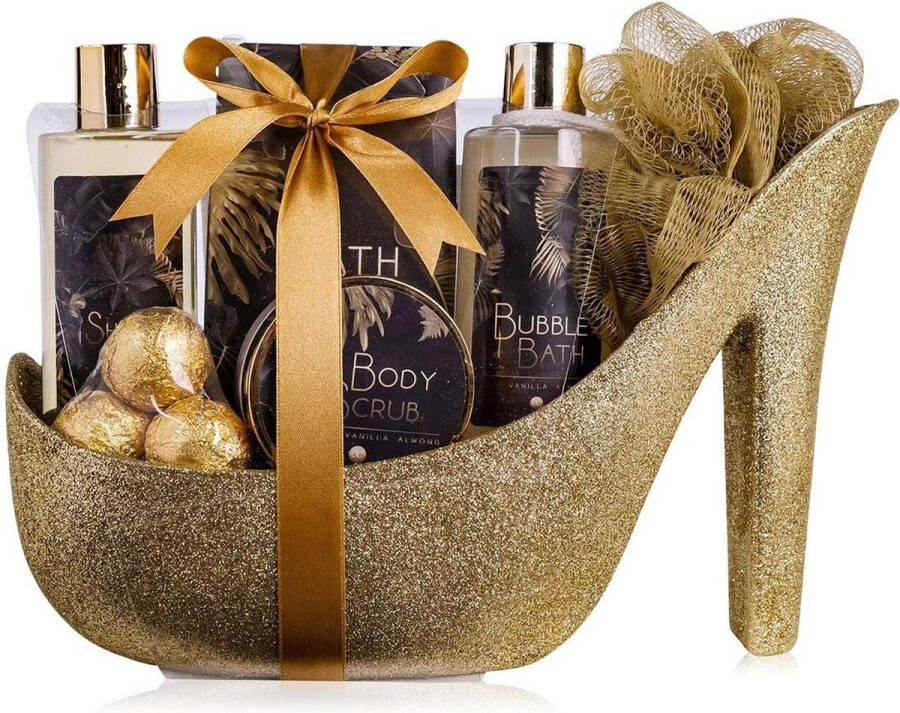 RALA Women's Vanilla-Almond Scent Gift Set Valentijnscadeau Luxe Beauty Set Met Douchegel Badzout Bodylotion Scrub & Net Spons etc. 9-Delige Badset Voor Vrouwen Met Glitter Kramische Stiletto