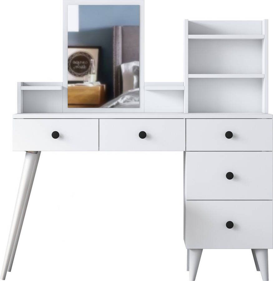 Rani Moderne Witte Make-up tafel Kaptafel met Spiegel 5 Laden en Planken Stijlvolle Opslag voor Make-up