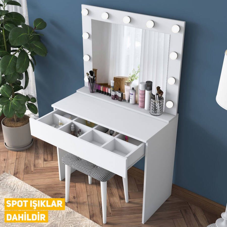 Rani Moderne Witte Make-up tafel met LED Verlichting Kaptafel met Spiegel 1 Grote Lade Stijlvolle Opslag voor Make-up