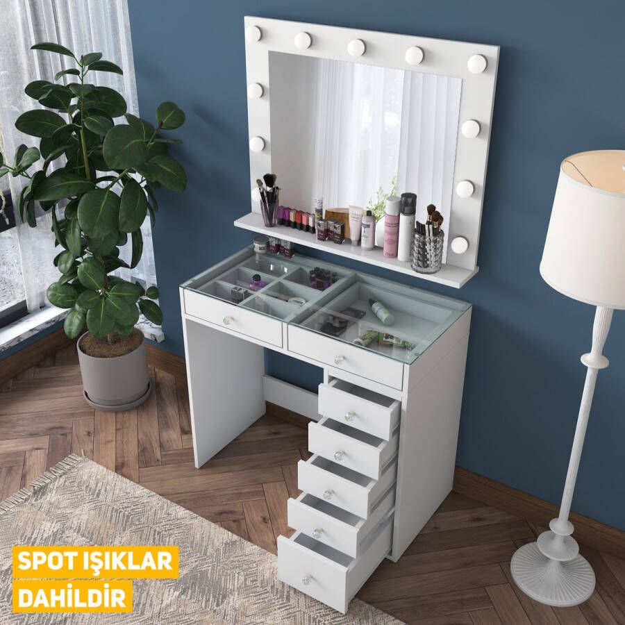 Rani Moderne Witte Make-up tafel met LED Verlichting Kaptafel met Spiegel 7 Laden Stijlvolle Opslag voor Make-up
