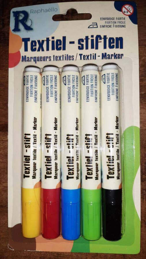 Raphaello Raphello textiel-stiften textiel markers eenvoudige fixatie met strijkbout 5 markers voor stof zwart groen blauw rood geel