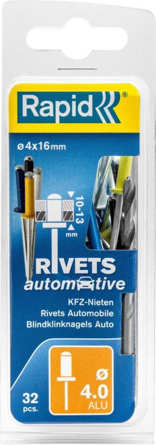 Rapid Automotive Blindklinknagels Ø 4 0x16mm 4 kleuren + boor in blister (32 stuks)