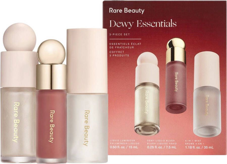 RARE beauty Dewy Essentials 3-Piece Set Soft Pinch Liquid Blush Positive Light Liquid Luminizer Always an Optimist 4-in-1 Mist