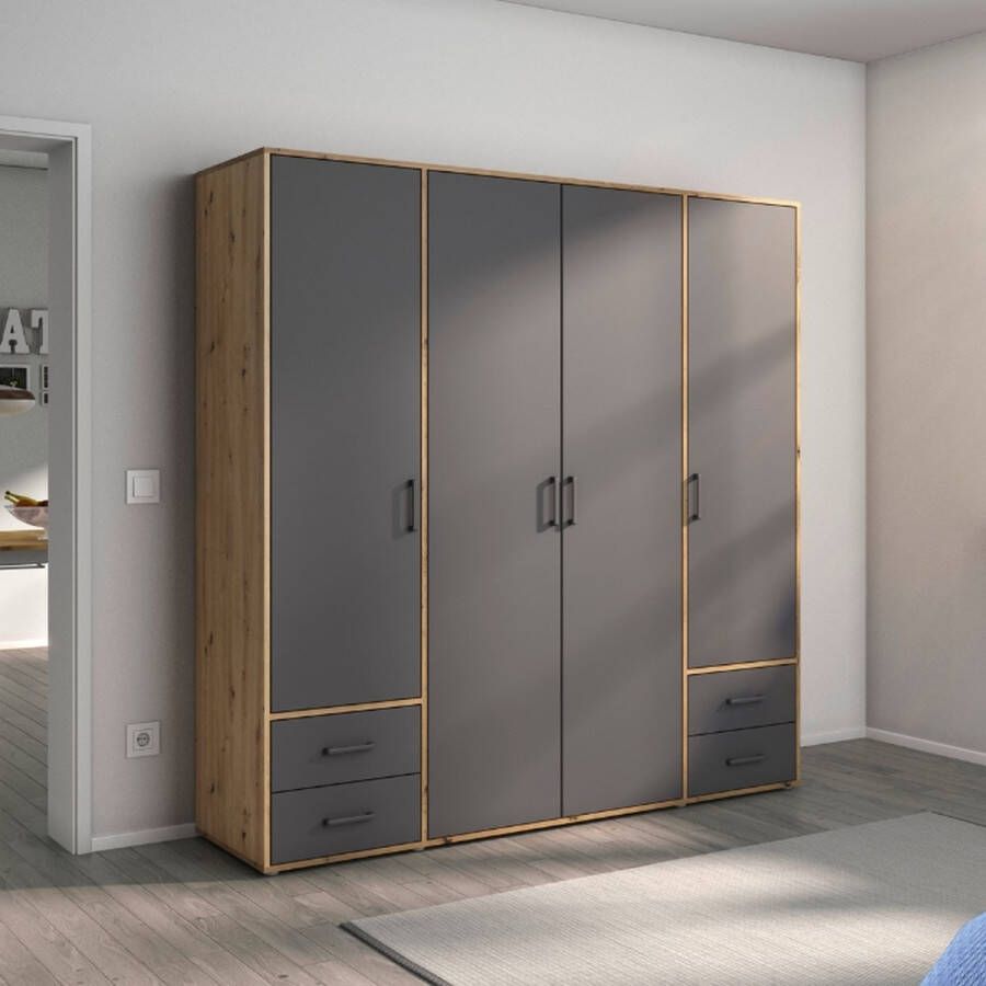 Rauch Draaideurkast Kledingkast kast garderobe linnenkast VOYAGER moderne grepen in grijs metallic met buitenlades made in germany