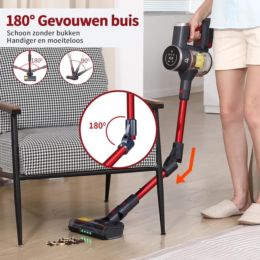 RAVAS Snoerloze Stofzuiger 35 KPA 550 W 60 minuten met OLED touchscreen inhoud 1 7 l afneembare batterij 180° opvouwbare steelstofzuiger