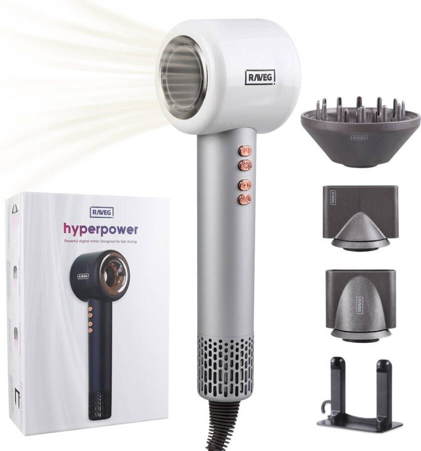 Raveg Hyperpower Haardroger Ionische Krullen Föhn met Diffuser White