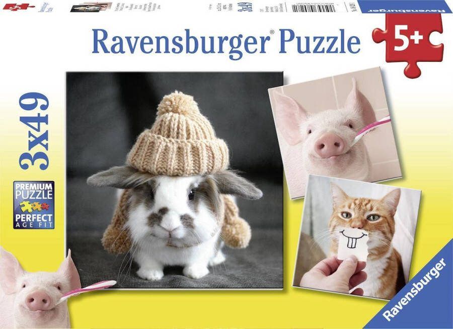 Ravensburger puzzel Komische dierenportretten Drie puzzels 49 stukjes kinderpuzzel