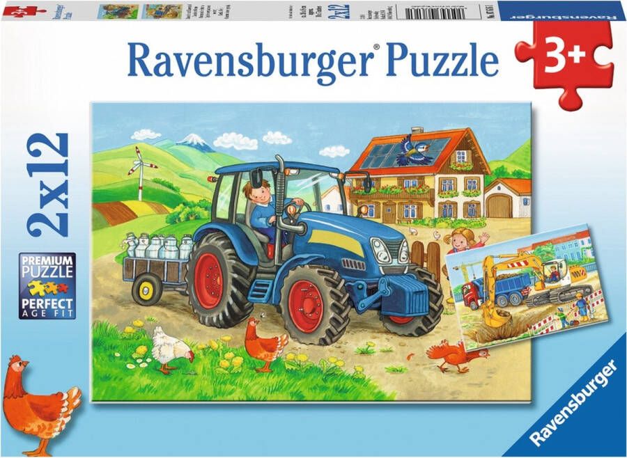 Ravensburger puzzel Op de bouwplaats en boerderij 2x12 stukjes kinderpuzzel