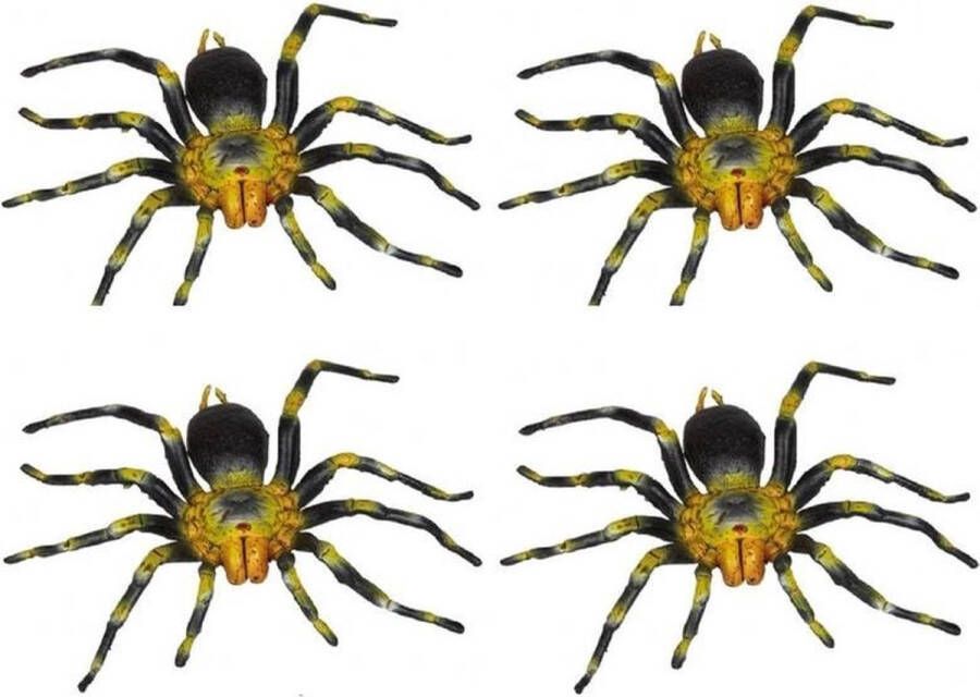 Ravensden 4x Kunststof geel met zwarte tarantula spinnen 16 cm Spinnen insecten speelfiguren Speelgoed voor kinderen