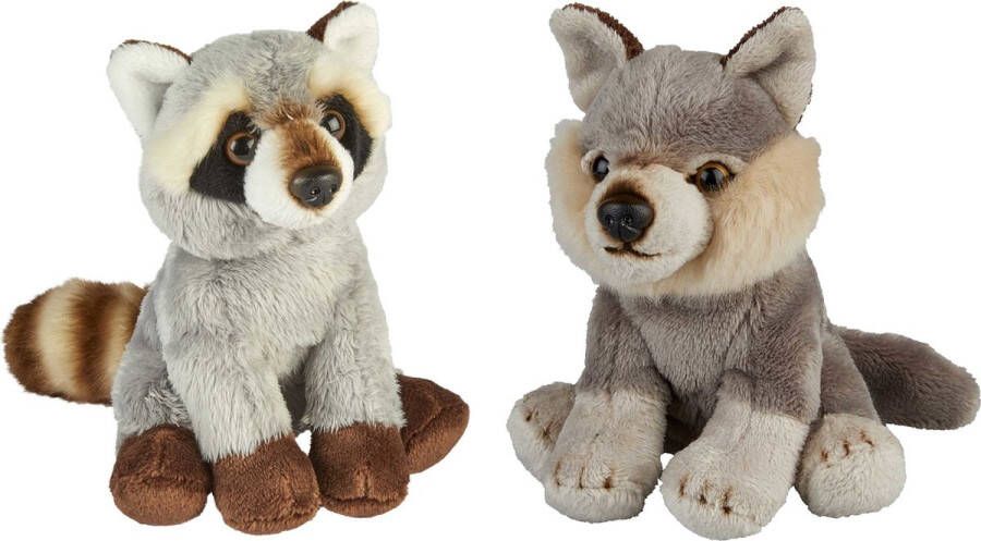 Ravensden Bosdieren zachte pluche knuffels 2x stuks Wasbeer en Wolf van 15 cm Knuffeldier